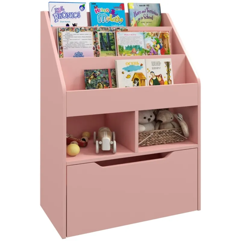 Kids Bookshelf and Toy Organiser with Wheeled Drawer - Pink