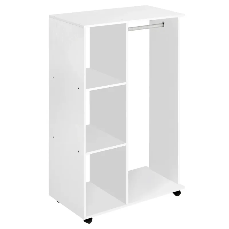 Mobile Open Wardrobe with 3 Shelves and Hanging Rail - White