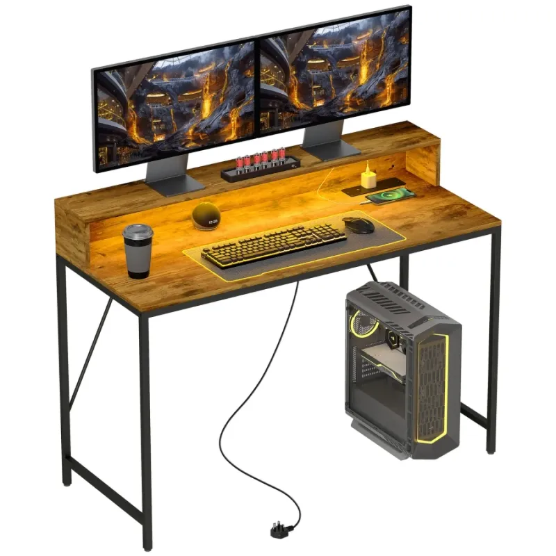 120cm Computer Desk with LED Lights and Power Outlets - Rustic Brown