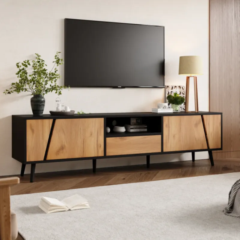Particleboard and Solid Wood TV Unit, 180cm, in Wood and Black, with Soft-Close Storage