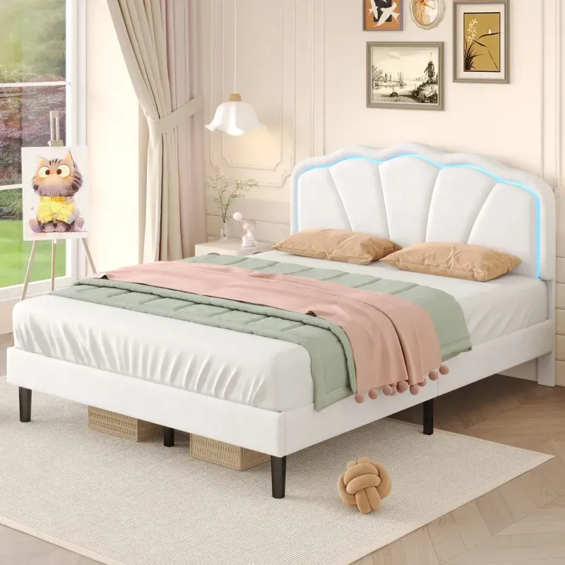4ft 6in Double Velvet Upholstered Bed Frame with LED Shell Headboard - Cream White