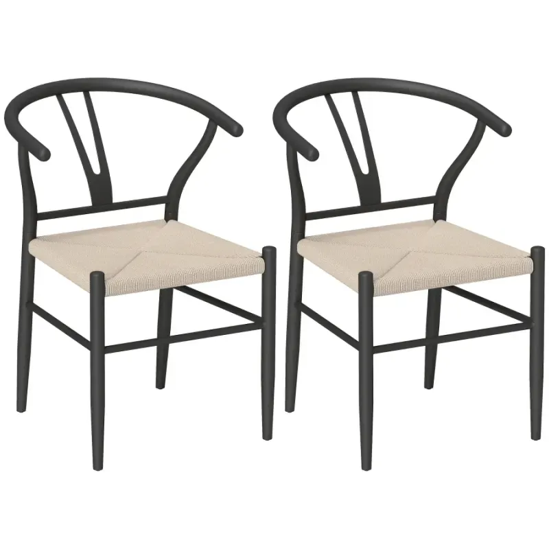 Set of 2 Wishbone Style Dining Chairs with Woven Paper Rope Seats - Black and Natural