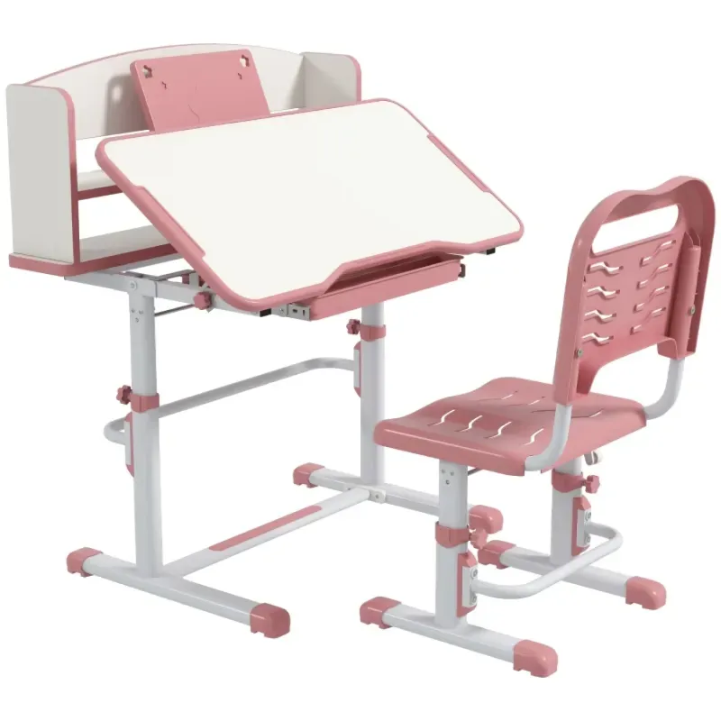 Kids' Height Adjustable Study Desk and Chair Set with Tilting Tabletop - Pink