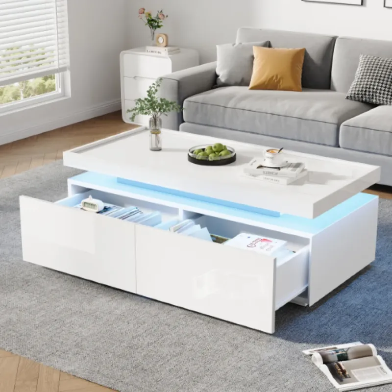 Rectangular Coffee Table, High-Gloss in White, with App-Controlled LED Lights & 2 Drawers