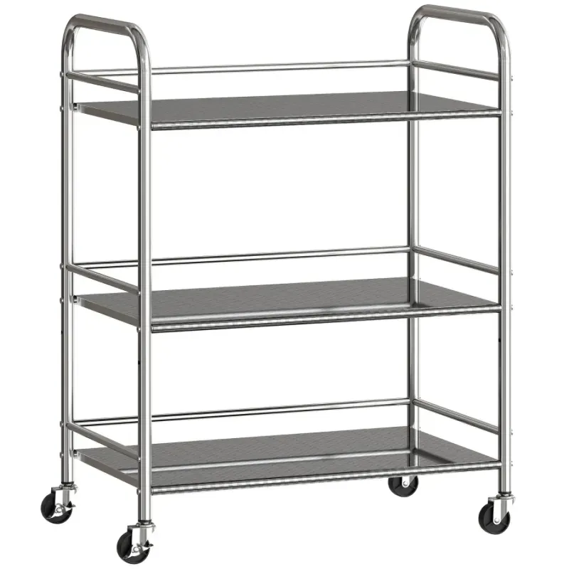  3-Tier Stainless Steel Kitchen Storage Trolley with Adjustable Shelf - Silver