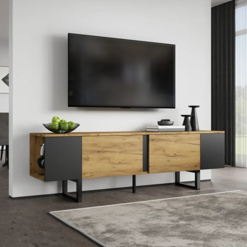 Chipboard TV Unit, 180cm, in Wood and Black, with Soft-Close Doors and Open Shelving