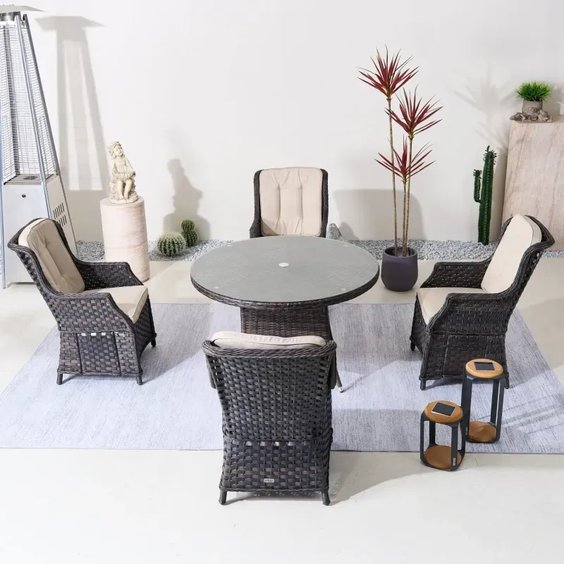Rattan Garden Dining Set, 4 Seater, in Brown, with a Round Table & Tempered Glass Top