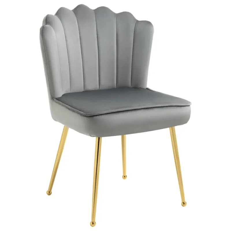 Velvet-Feel Fabric Armchair, in Grey, with Shell Back and Gold-Tone Legs