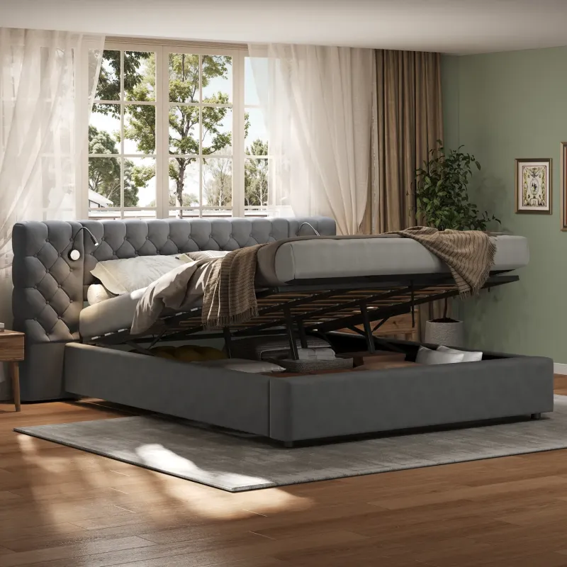 6ft Super King Grey Velvet Hydraulic Storage Bed with Integrated Reading Lights