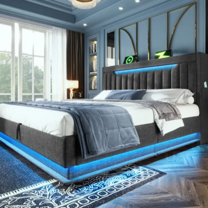 King Size Grey Linen Upholstered Ottoman Storage Bed with LED Headboard and USB Charging