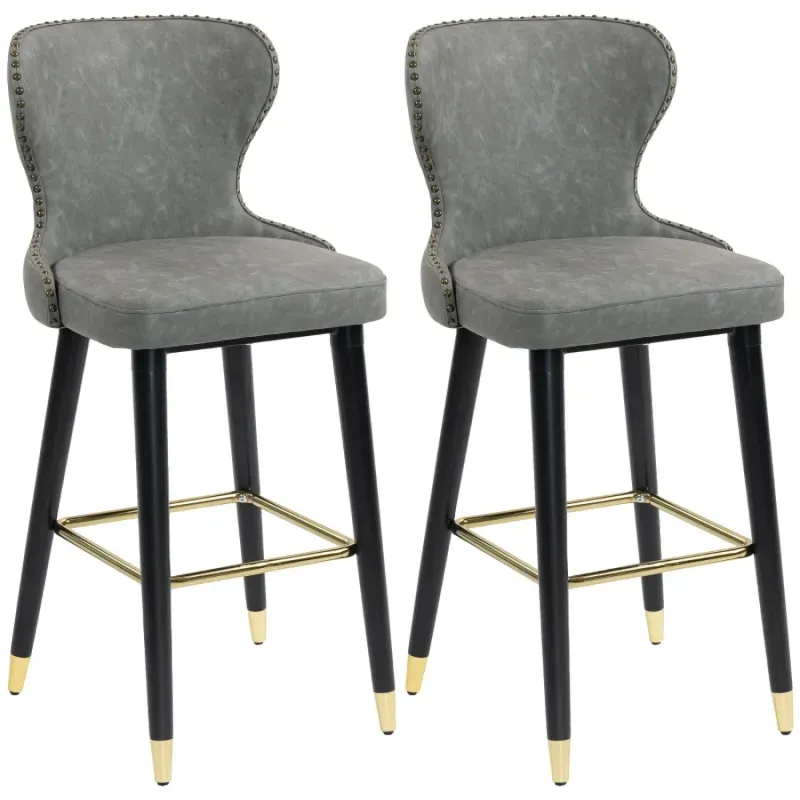  Set of 2 Grey PU Leather Bar Stools with Curved Backrest and Black Wood Legs