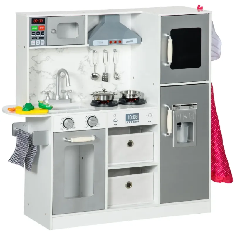 White Kids Toy Kitchen with Lights, Sounds and 14-Piece Accessory Set