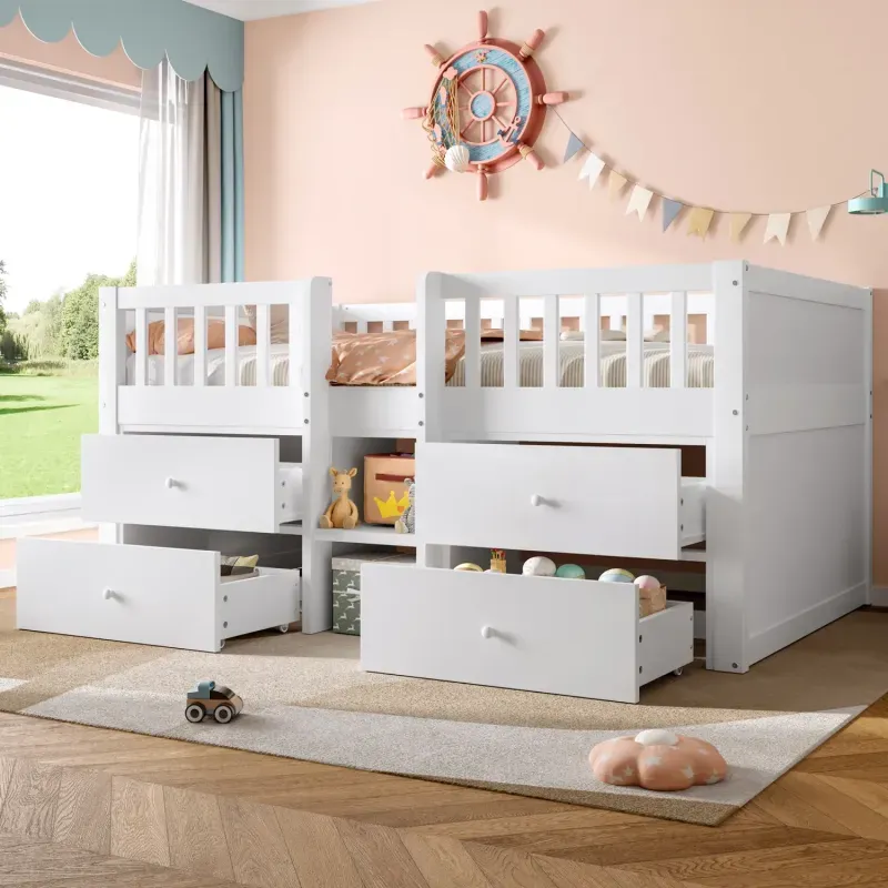 Solid Wood Single Low Loft Bed with 4 Drawers and Storage Steps - White