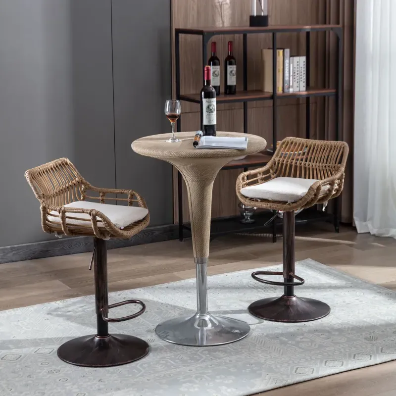 Set of 2 Rattan Swivel Bar Stools with Adjustable Height and Padded Linen Seats