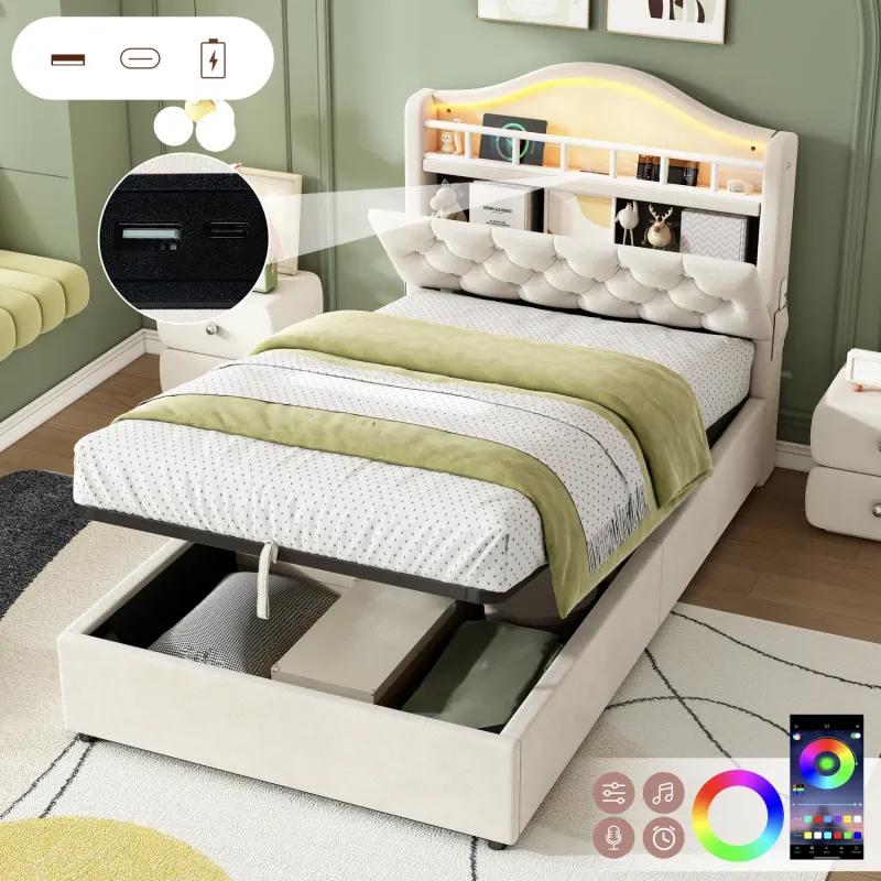 3ft Single Ottoman Bed in Beige Velvet with LED Storage Headboard and Charging Station