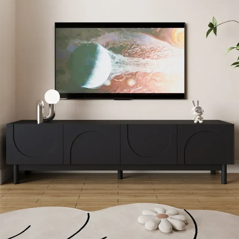 169cm Black TV Unit with Wave-Effect Doors and Solid Wood Legs