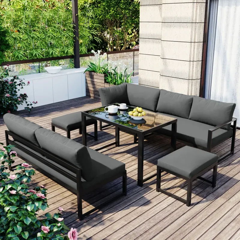 5-Piece Grey Aluminium Garden Lounge Set with Reclining Sofa and Dining Table