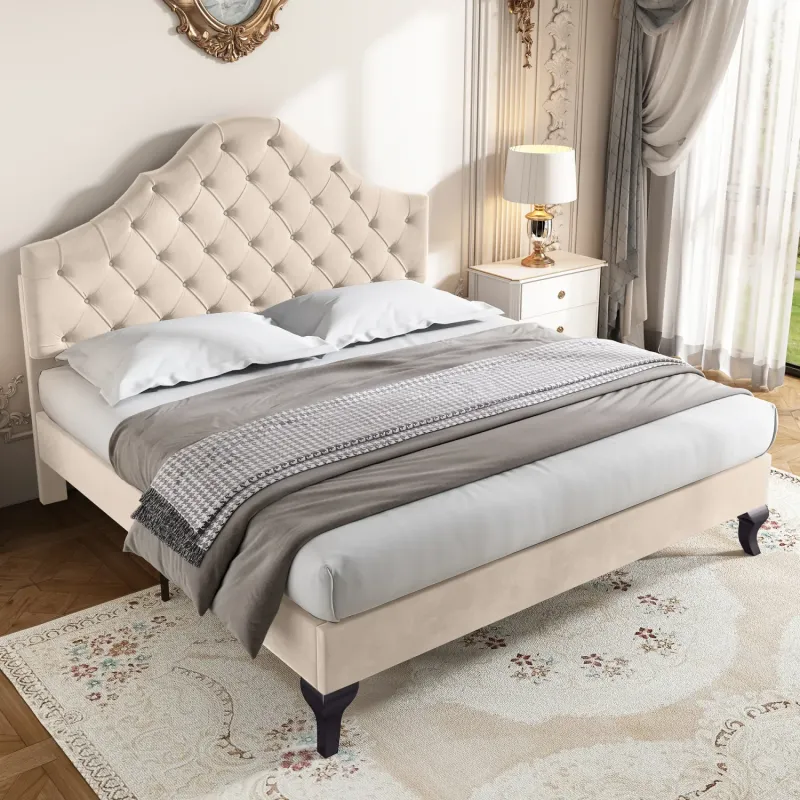 Velvet Upholstered 4ft6 Double Bed Frame with Adjustable Headboard - Beige