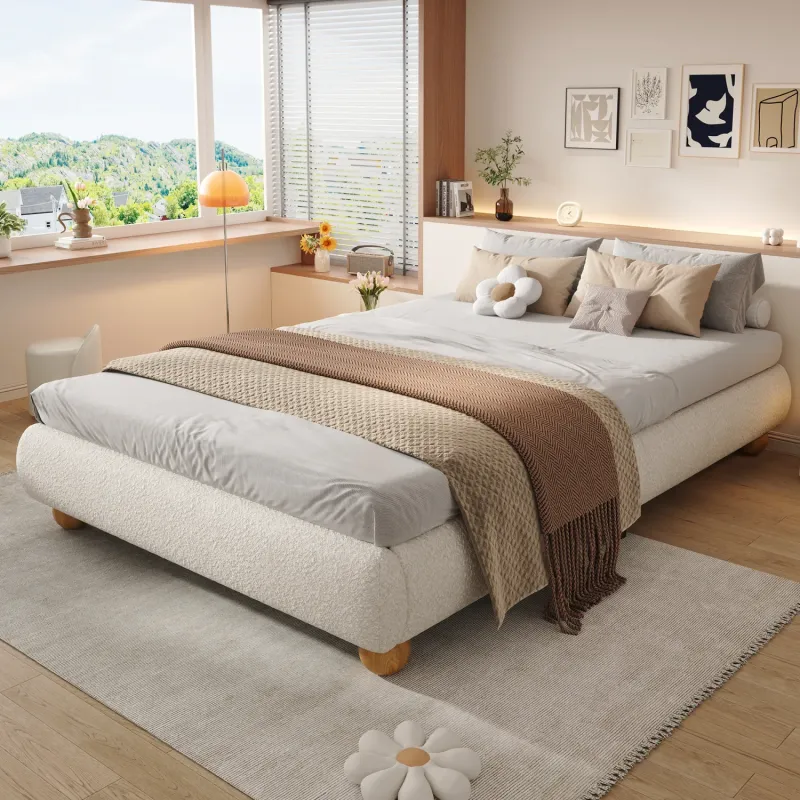Upholstered Boucle 4ft 6 Double Bed Frame with Circular Legs, Beige
