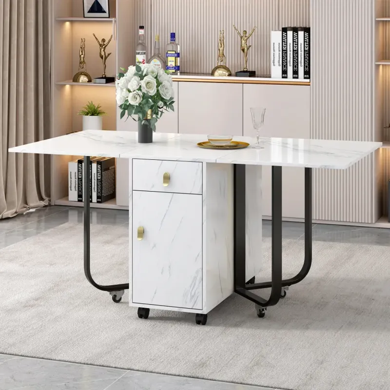 Marble Effect Folding Dining Table with Storage Cupboard and 2 Drawers
