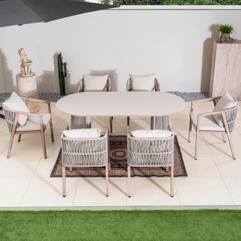 Grey 6 Seater Garden Dining Set with Wood Effect Table and Rattan Chairs