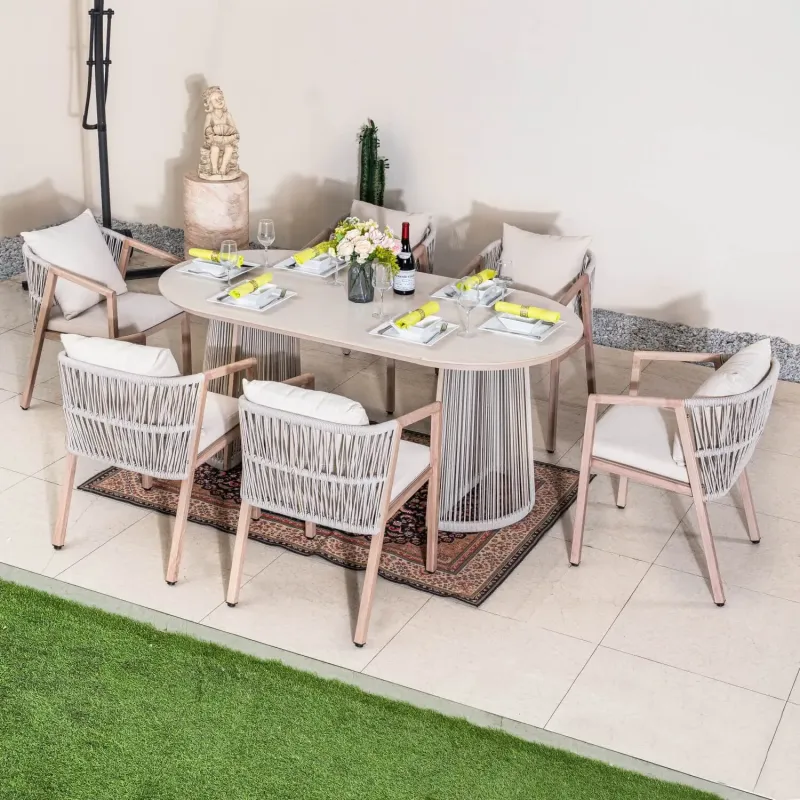 Grey 6-Seater Garden Dining Set with Wood-Effect Table and Rattan Chairs