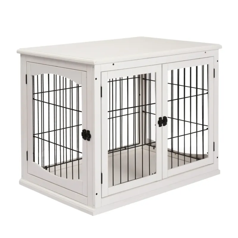 Indoor Dog Crate Furniture End Table with 2 Doors - White