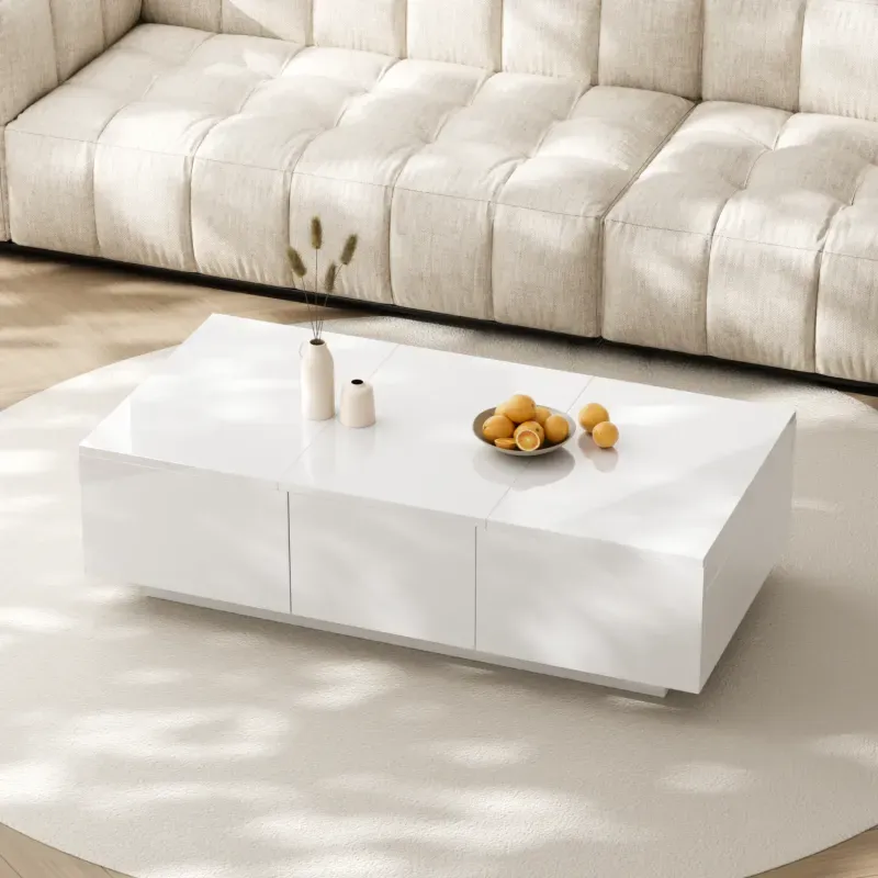 White High Gloss Coffee Table with Hidden Storage and Double-Sided Drawers