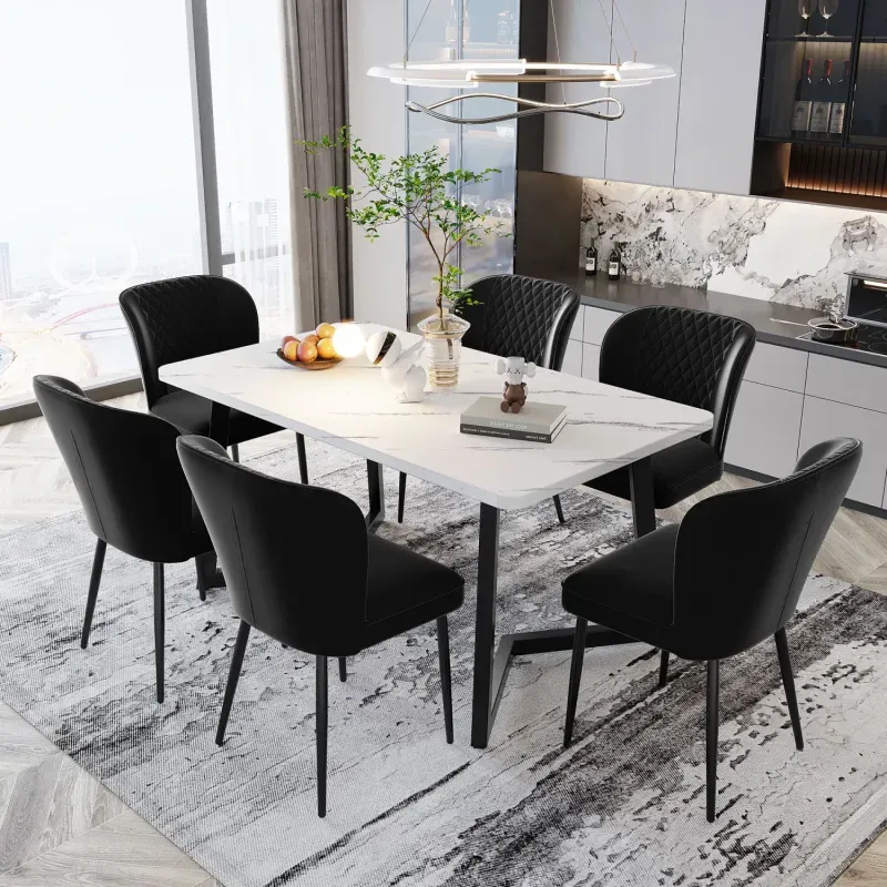Set of 6 Black Velvet Dining Chairs with Metal Legs