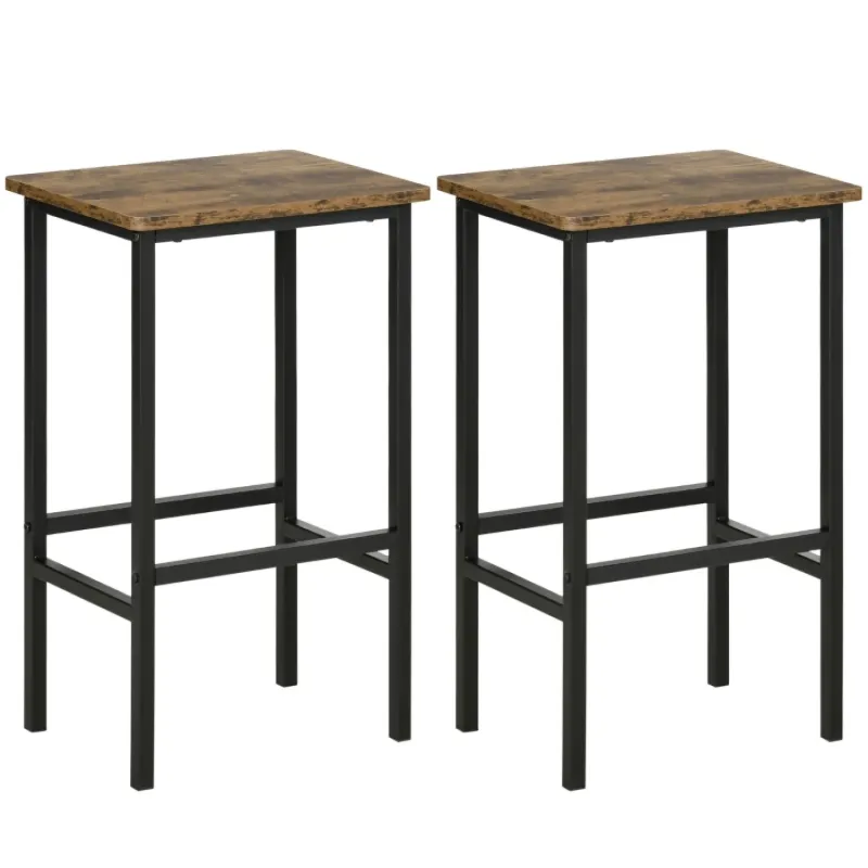 Bar Stools, Set of 2, Wood-Effect and Metal in Rustic Brown with Footrests
