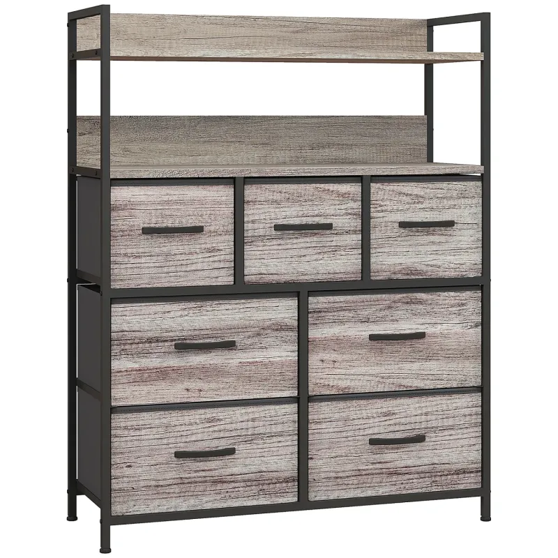 Rustic 7 Drawer Chest with 2 Shelves - Grey Wood Effect