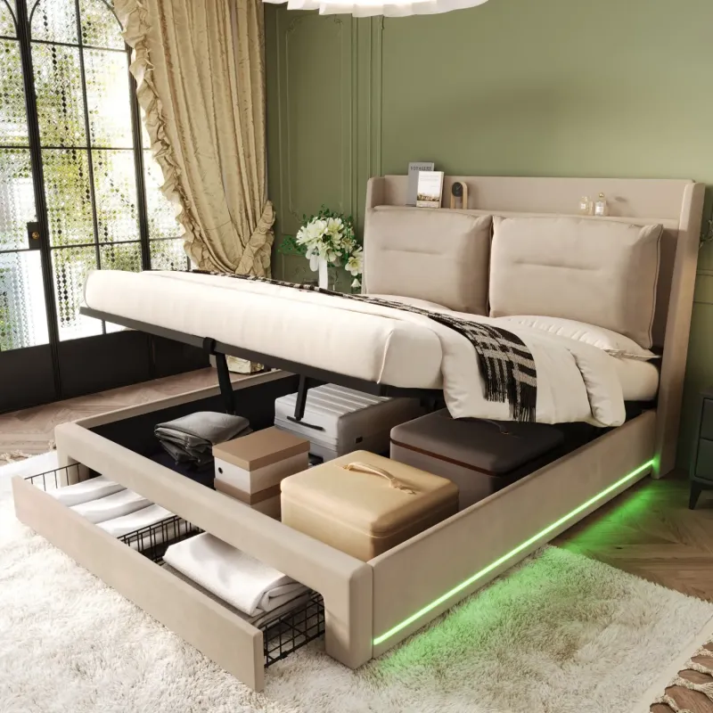 Velvet Upholstered Storage Bed with LED Lighting and Drawers, Beige, 4ft6 Double