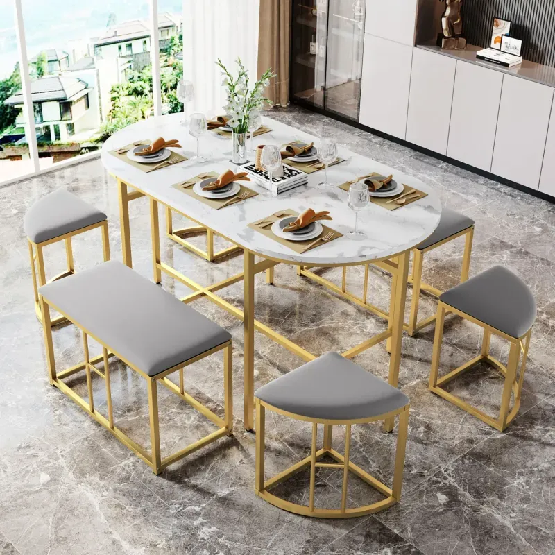 Modern White & Gold 7-Piece Dining Table Set with 6 Nesting Stools