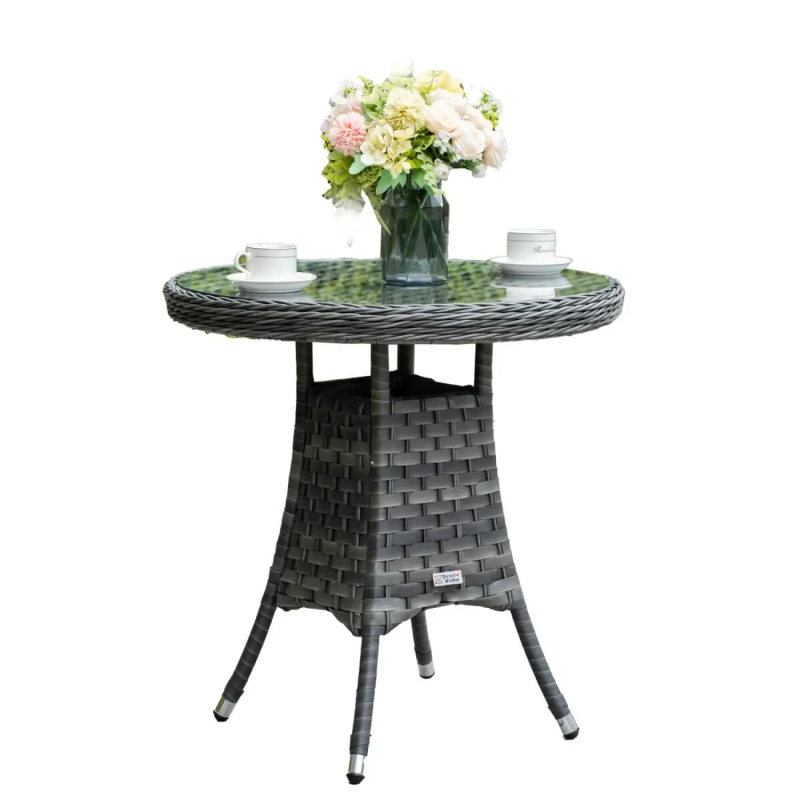 Round Rattan Outdoor Dining Table with Tempered Glass Top, 70cm - Grey