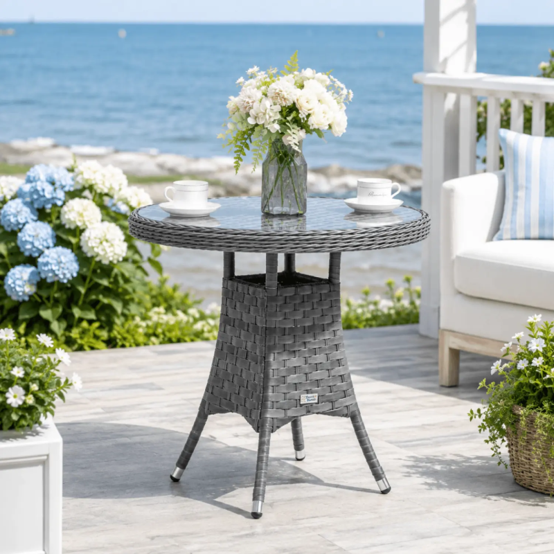 Round Rattan Outdoor Dining Table with Tempered Glass Top, 70cm - Grey