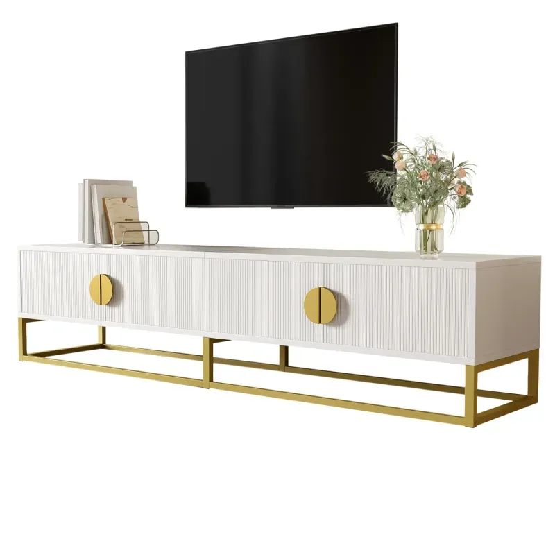 180cm White Modern TV Cabinet with 4 Doors and Gold Accents