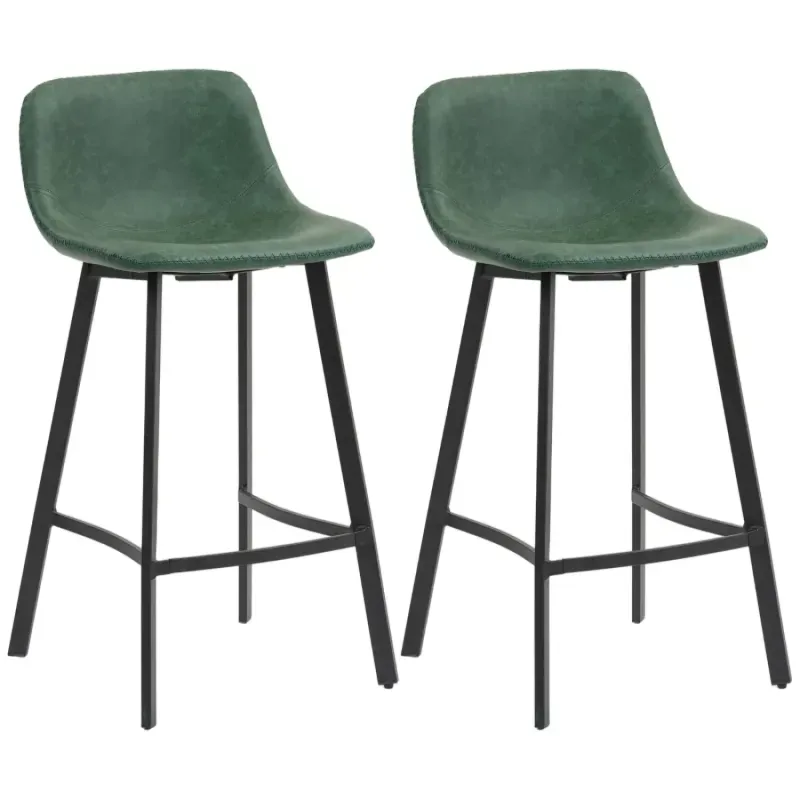  Set of 2 Green Faux Leather Bar Stools with Steel Legs