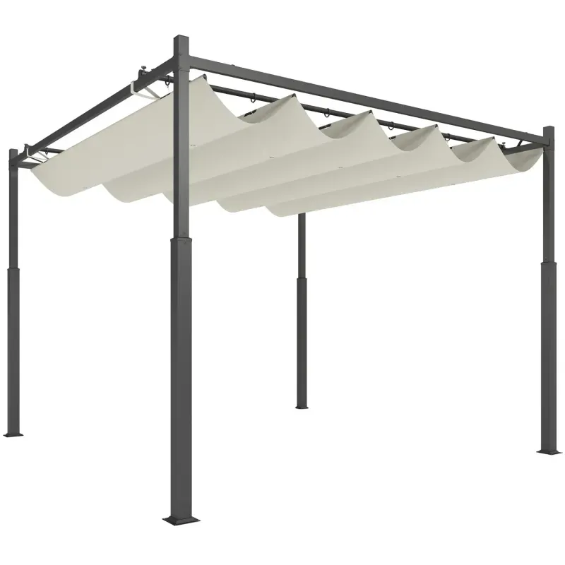  3m x 3m Steel Garden Pergola with Retractable Roof Canopy and Magnetic Fixture - Cream White
