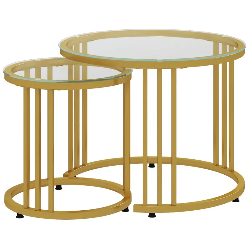 Nest of 2 Round Glass Coffee Tables, Gold Steel Frame