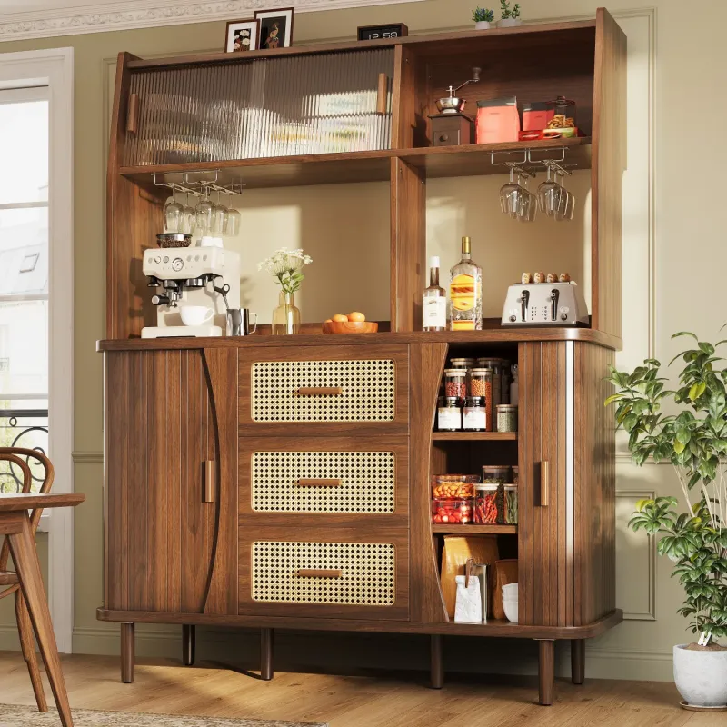 Tall Kitchen Larder Cupboard with Glass Sliding Doors and Rattan Drawers - Natural Wood Look