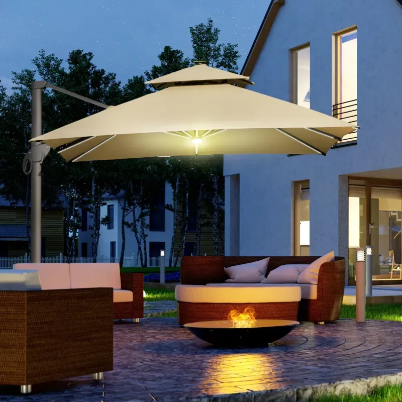  3m x 3m Square Solar LED Cantilever Parasol with 360° Rotation - Khaki