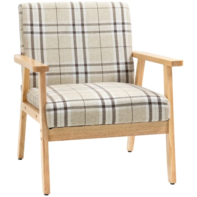 Linen Fabric Armchair in Beige with Checked Pattern and Rubber Wood Frame