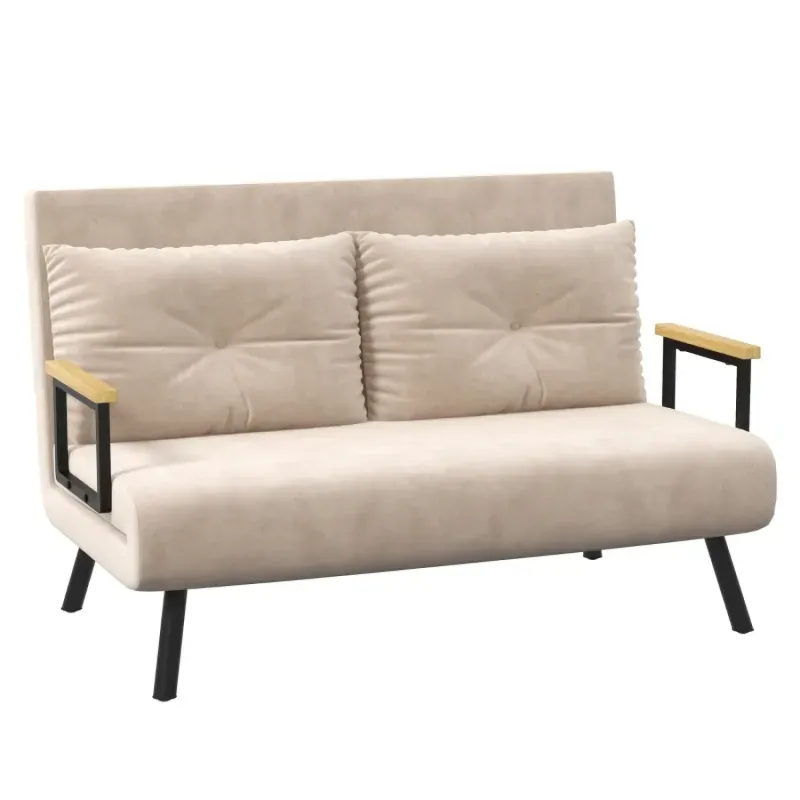 4-in-1 Velvet-Feel 2-Seater Double Sofa Bed with Wooden Armrests - Beige