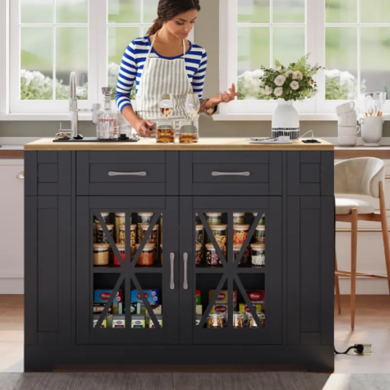 Mobile Kitchen Island with Foldable Tabletop and Integrated Power Sockets