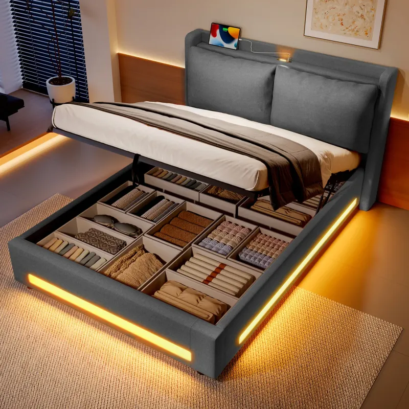 Super King Upholstered Ottoman Storage Bed with LED Lighting and USB-C Charging in Hemp Fabric, 180x200cm