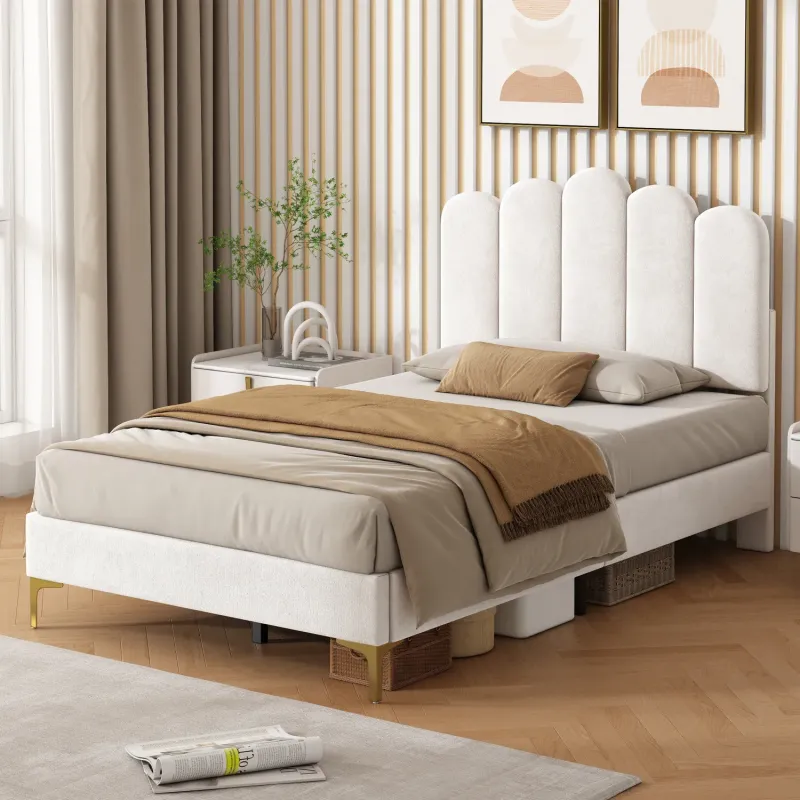 3ft Single Beige Velvet Upholstered Bed Frame with Scalloped Headboard