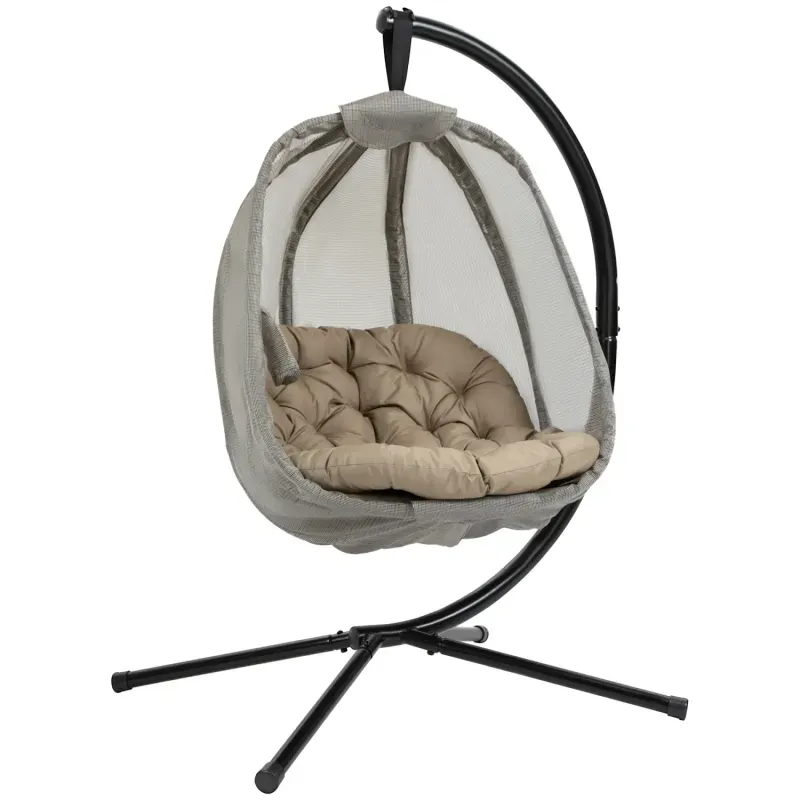  Folding Hanging Egg Chair with Stand, Padded Cushion and Side Pocket - Khaki