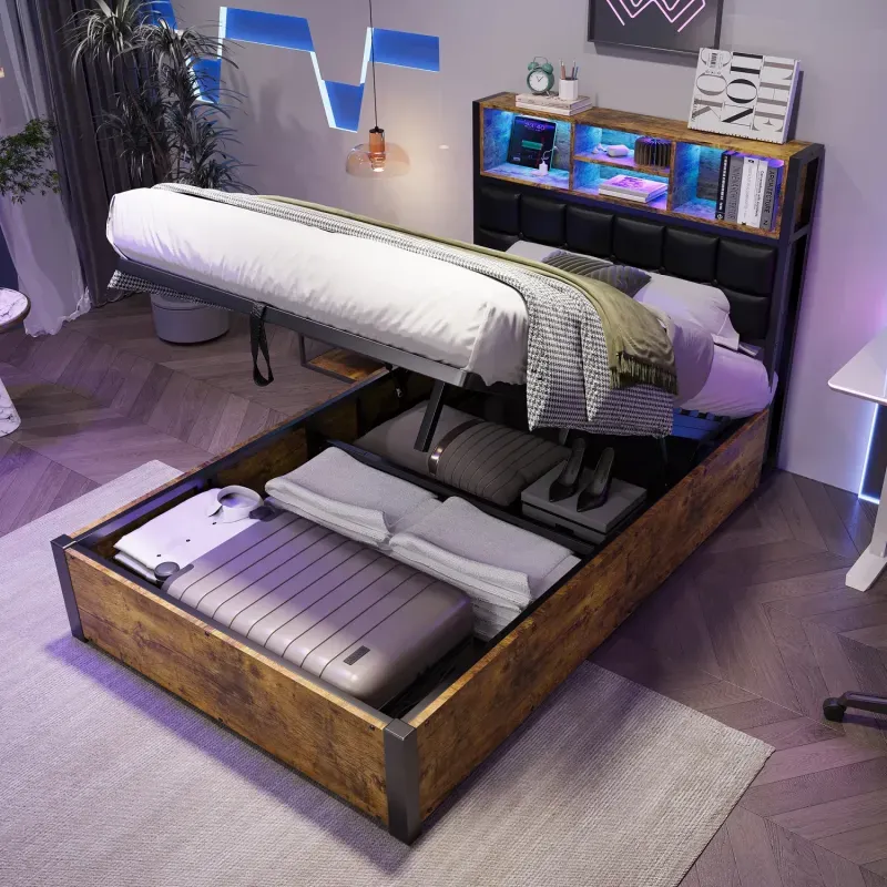 3ft Single Hydraulic Storage Bed with Charging Ports and LED Headboard - Black and Wood
