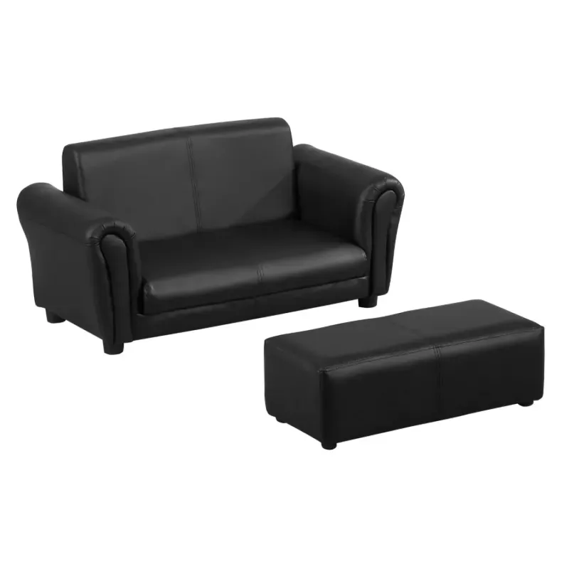 2-Seater Kids Sofa with Matching Footstool - Black