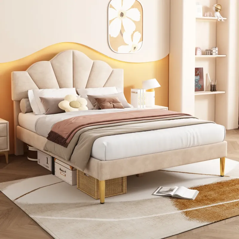 Velvet Shell Upholstered Double Bed Frame with Golden Legs, Beige